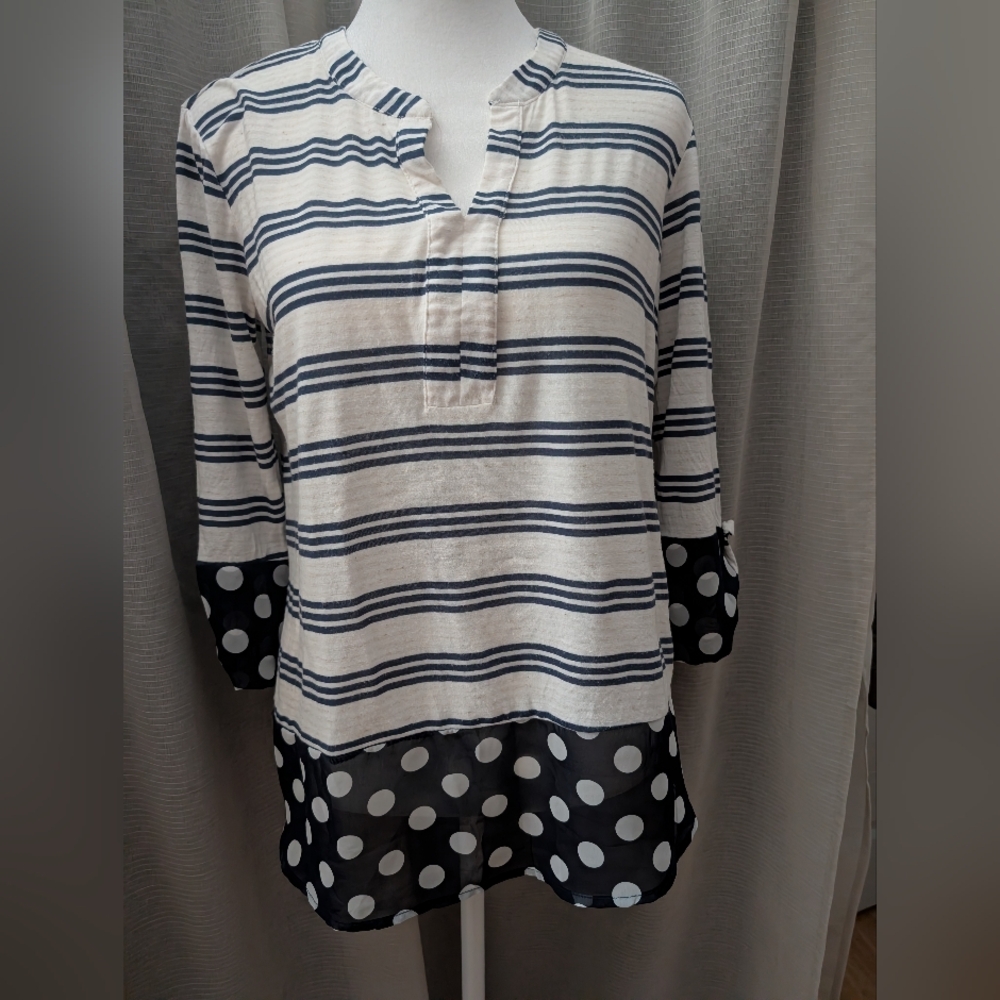 Lightweight Navy & Beige Tunic With Chiffon Polka Dot Trim. Pleione. Small.